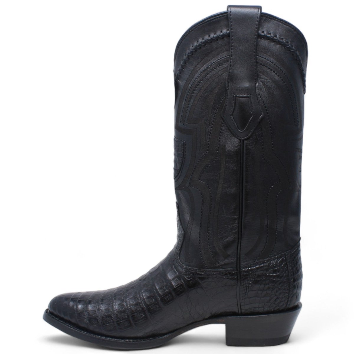 Men's Original Black Caiman Belly Round Toe Boots - Wild West Boots - Left Side View