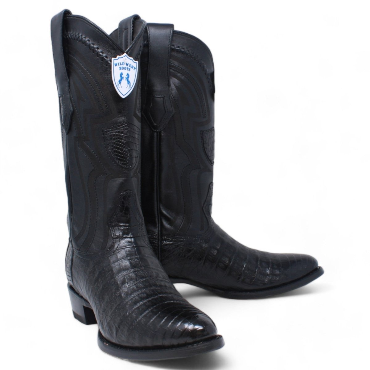 Men's Original Black Caiman Belly Round Toe Boots - Wild West Boots - Pair Side View