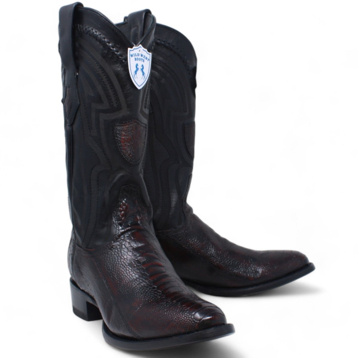 Men's Original Black Cherry Ostrich Leg Round Toe Boots - Wild West Boots - Pair Side View