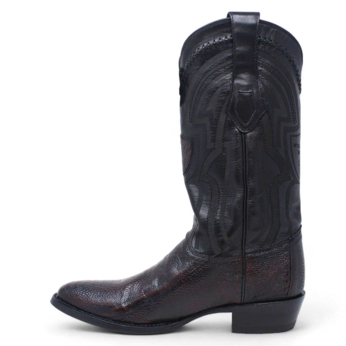 Men's Original Black Cherry Ostrich Leg Round Toe Boots - Wild West Boots - Left Side View