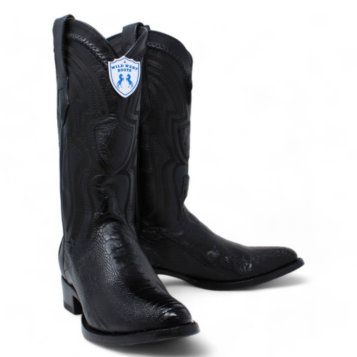 Men's Original Black Ostrich Leg Round Toe Boots - Wild West Boots - Pair Side View