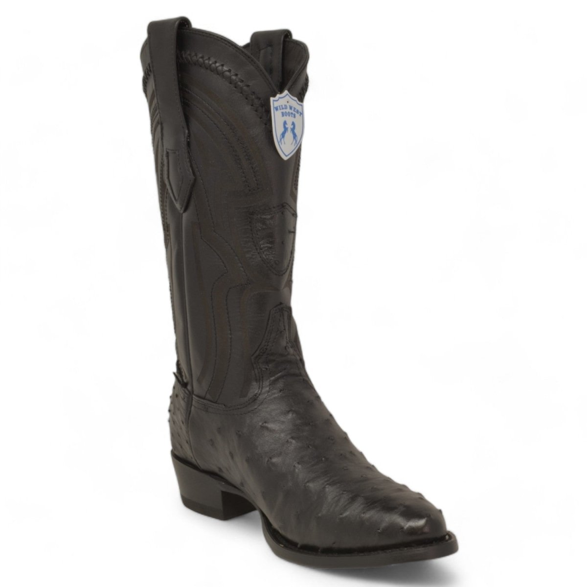 Men's Original Black Ostrich Round Toe Boots - Wild West Boots - Side View