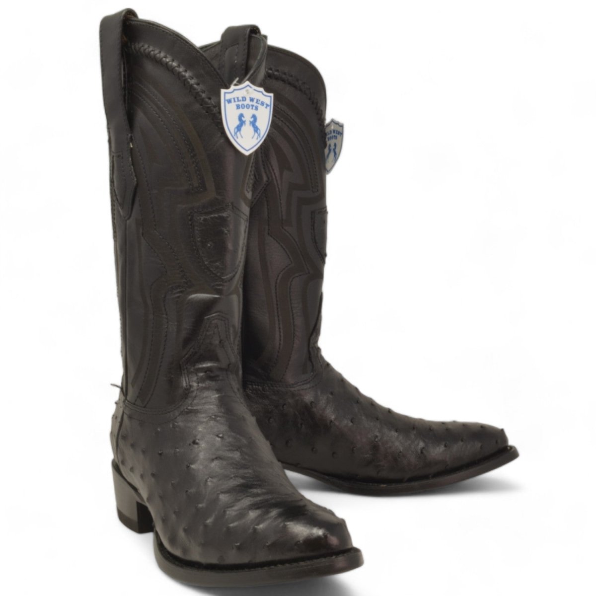 Men's Original Black Ostrich Round Toe Boots - Wild West Boots - Pair Side View