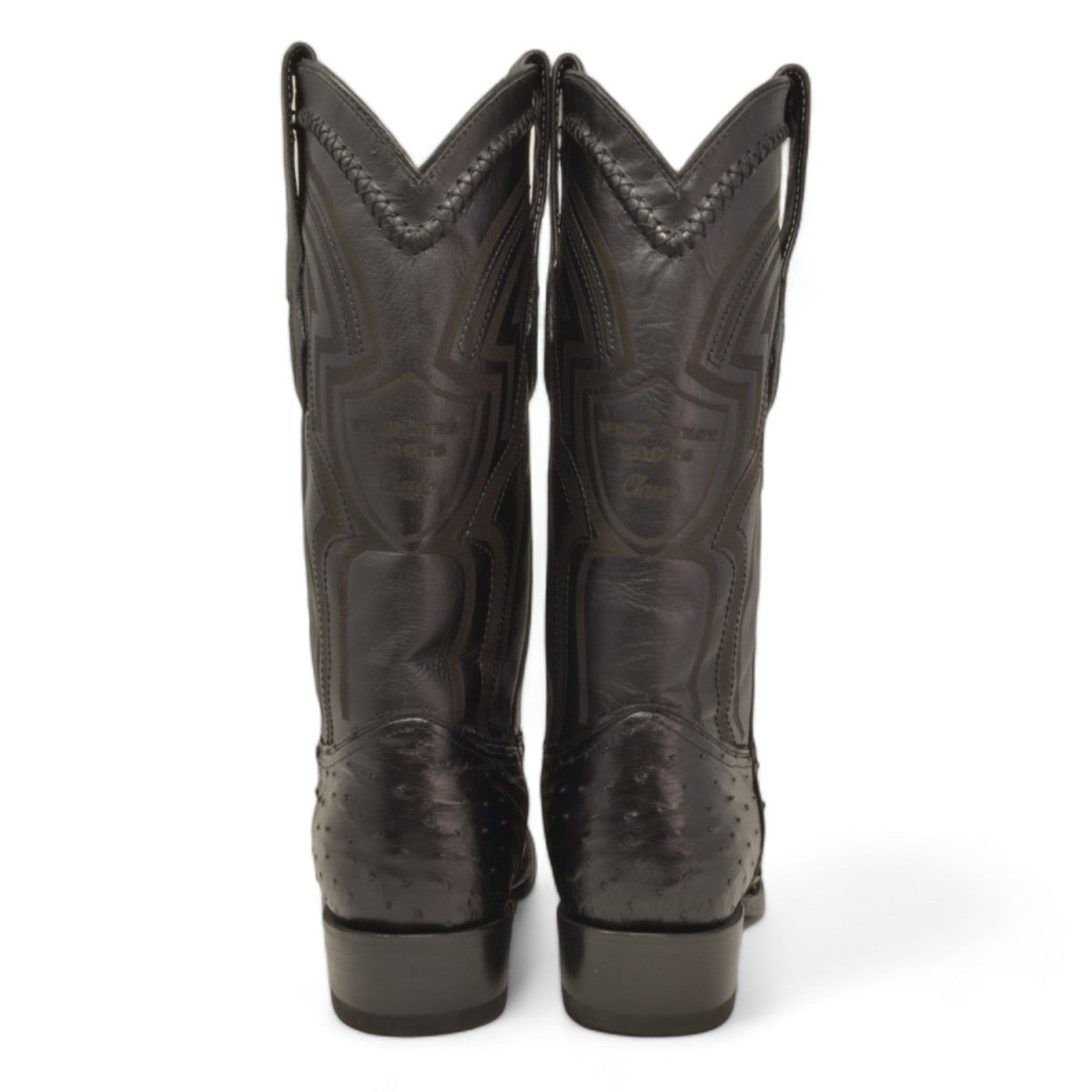 Men's Original Black Ostrich Round Toe Boots - Wild West Boots - Pair Back View
