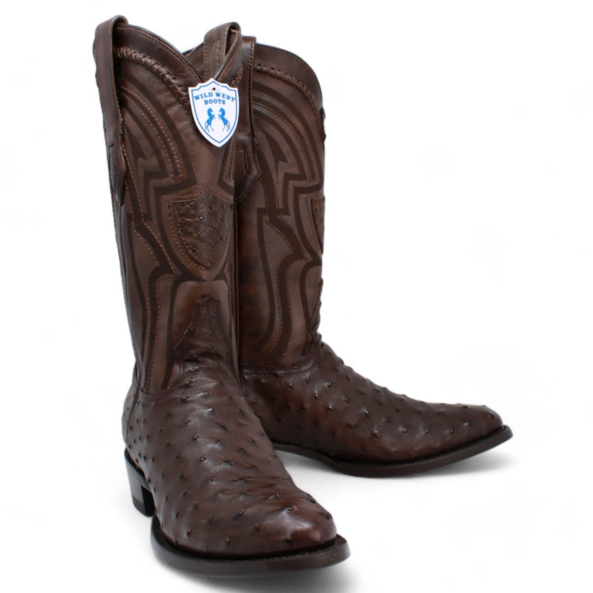 Men's Original Brown Ostrich Round Toe Boots - Wild West Boots - Pair Side View