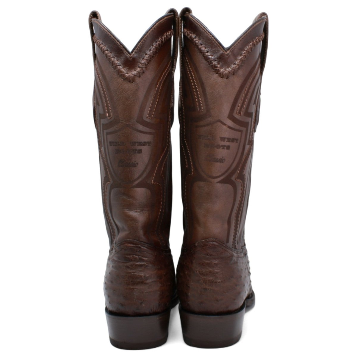 Men's Original Brown Ostrich Round Toe Boots - Wild West Boots - Pair Back View