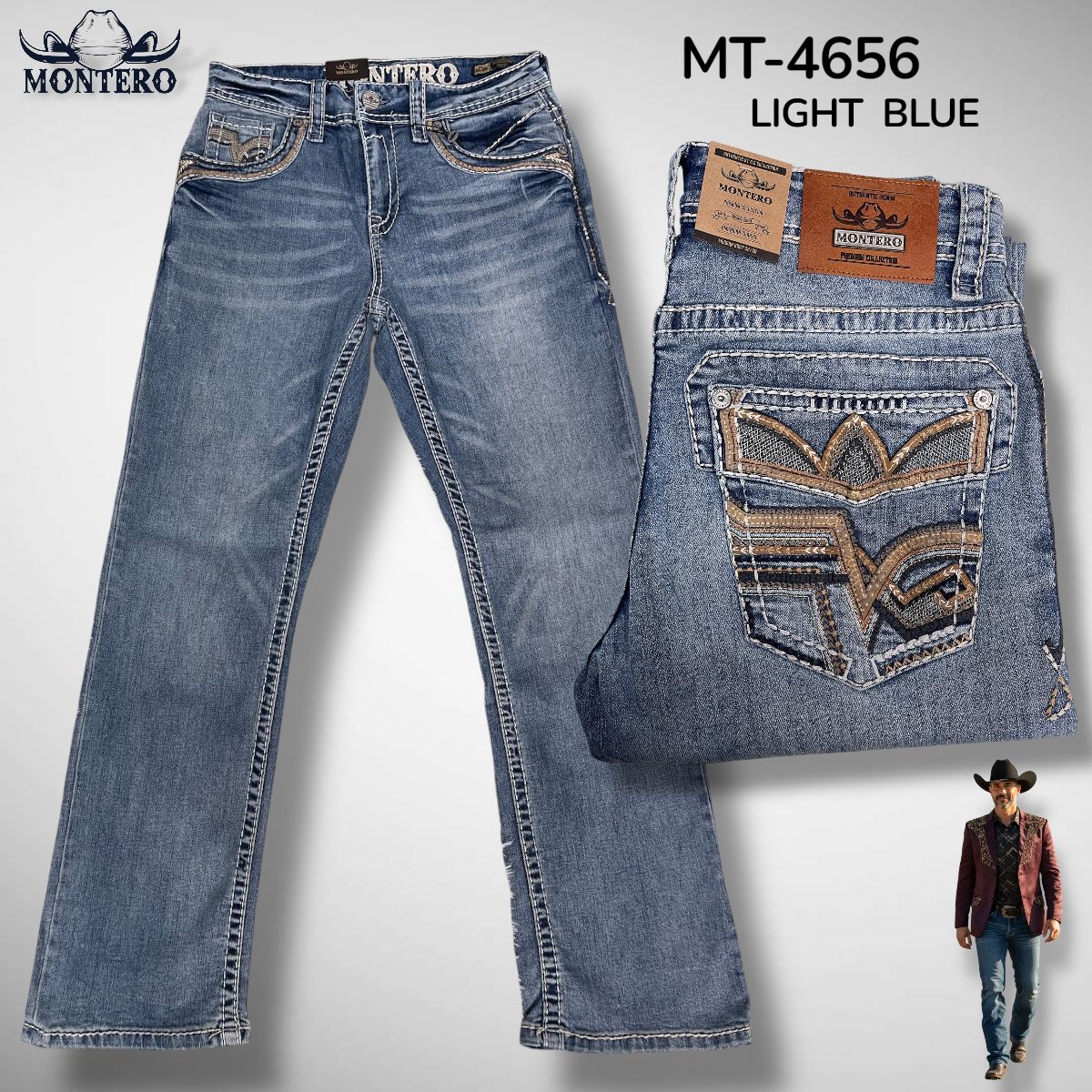 Montero Men's Blue Modern Boot Denim Jeans - MON 4656 Light Blue - Montero