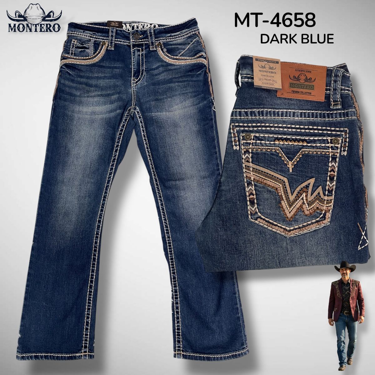 Montero Men's Blue Modern Boot Denim Jeans - MON 4658 DarkBlue - Montero