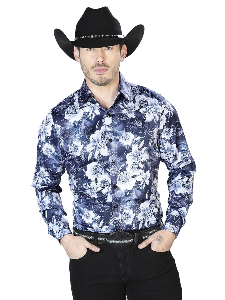 Navy Floral Print Casual Long Sleeve Shirt 43990 - Diana Zapateria Inc