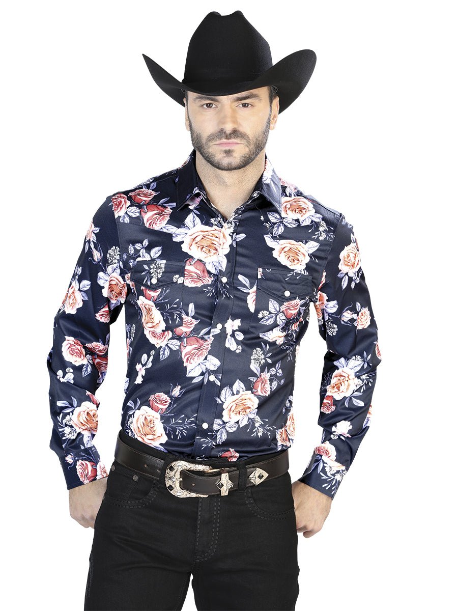 Navy/Roses Casual Long Sleeve Shirt 44089 - Diana Zapateria Inc