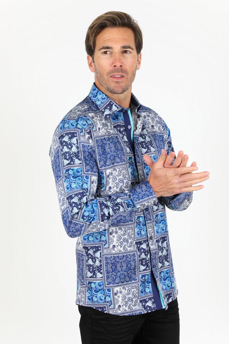 Satin Cotton/Spandex Long Sleeve Shirt - Blue - Platini Fashion