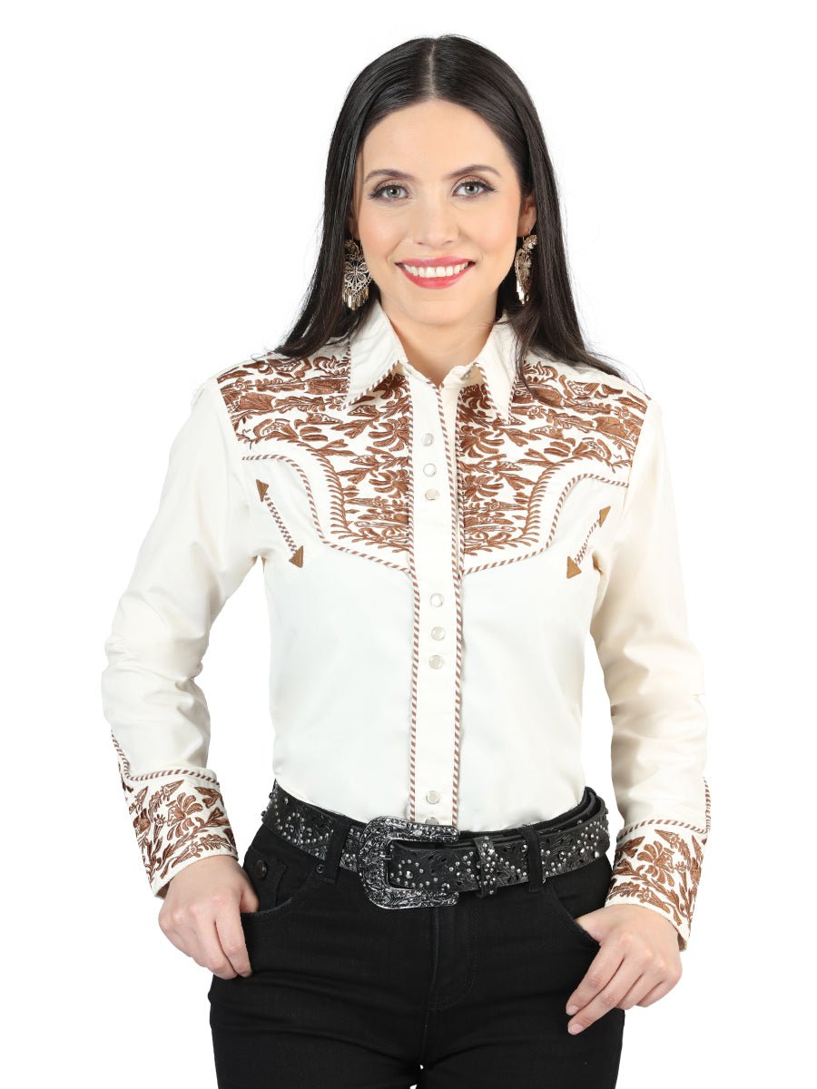 Senor De Los Cielos Embroidery Shirt Beige/Dark Camel 44345 - Diana Zapateria Inc