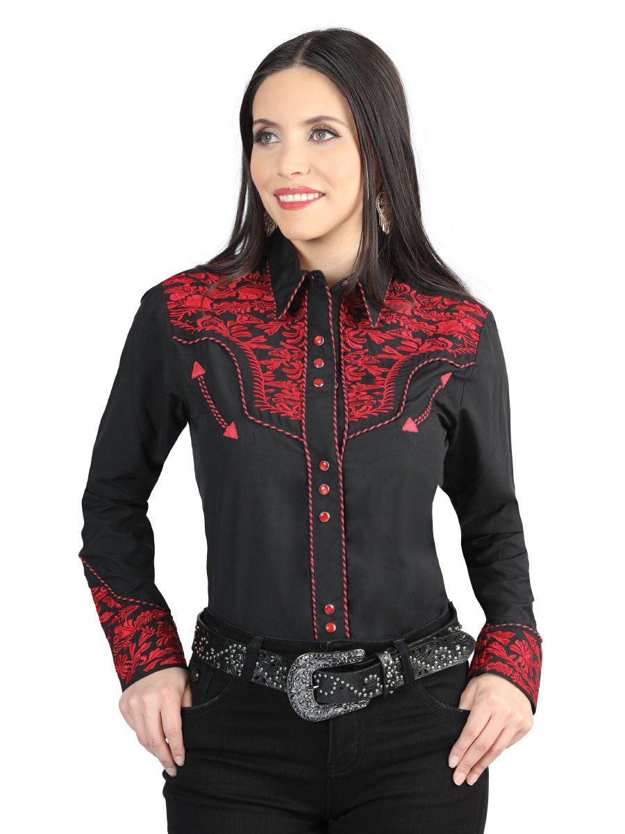 Senor De Los Cielos Embroidery Shirt Black/Red 44344 - Diana Zapateria Inc