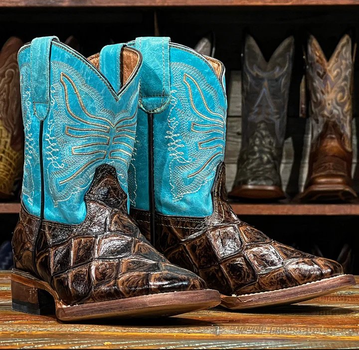 Tanner Mark Kid's Gator Print Square Toe Boots - Stoney
