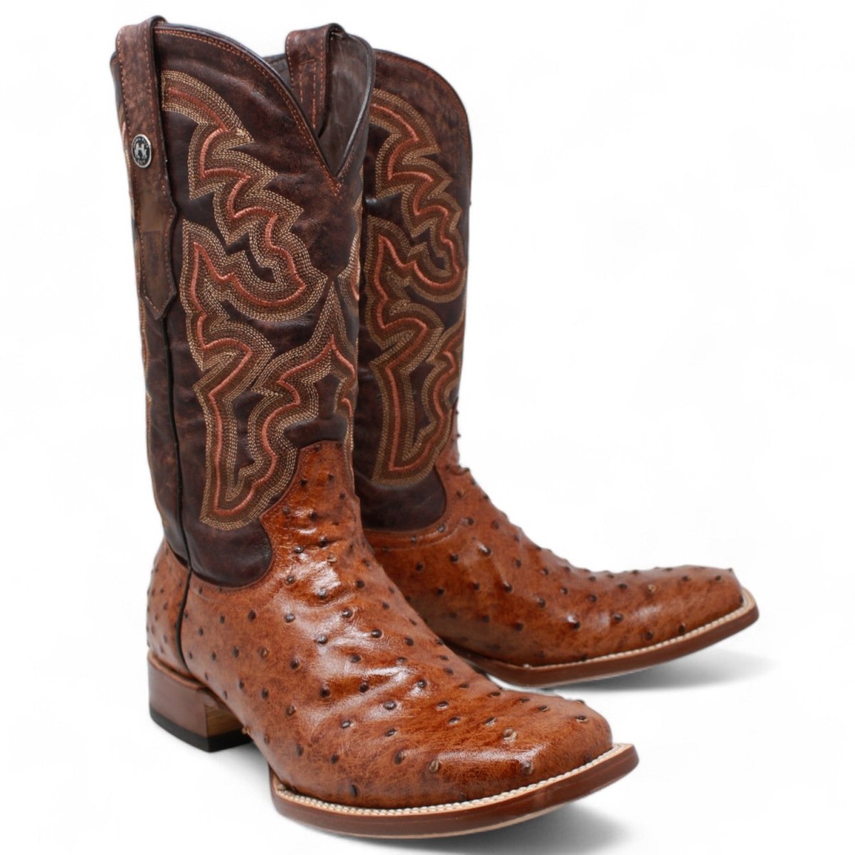 Tanner Mark Men's Broken Arrow Print Ostrich Square Toe Boots Cognac TM200961 - Tanner Mark Boots