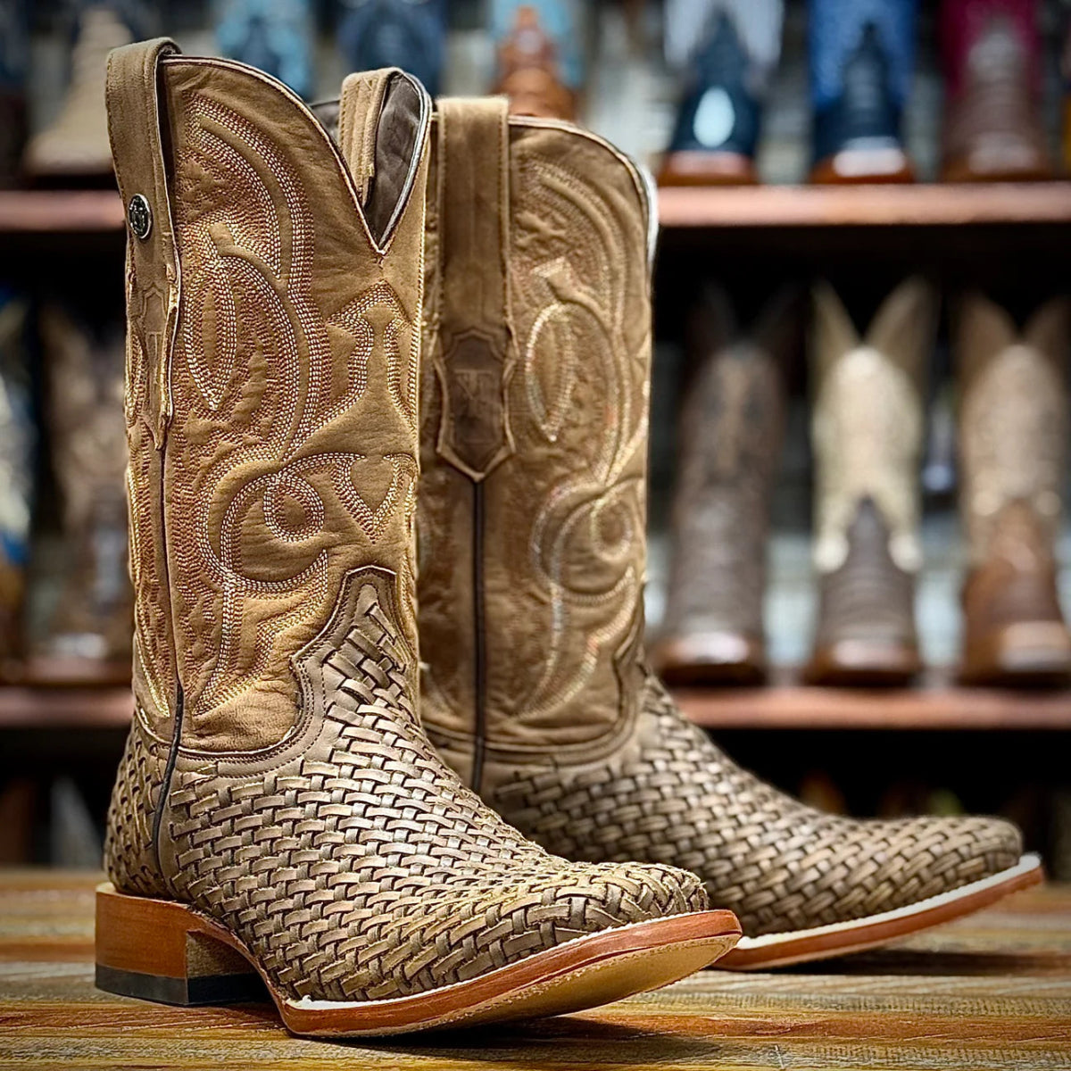 Tanner Mark Men's Genuine Basket Weave Leather Square Toe Boots - Honey Brown - Tanner Mark Boots