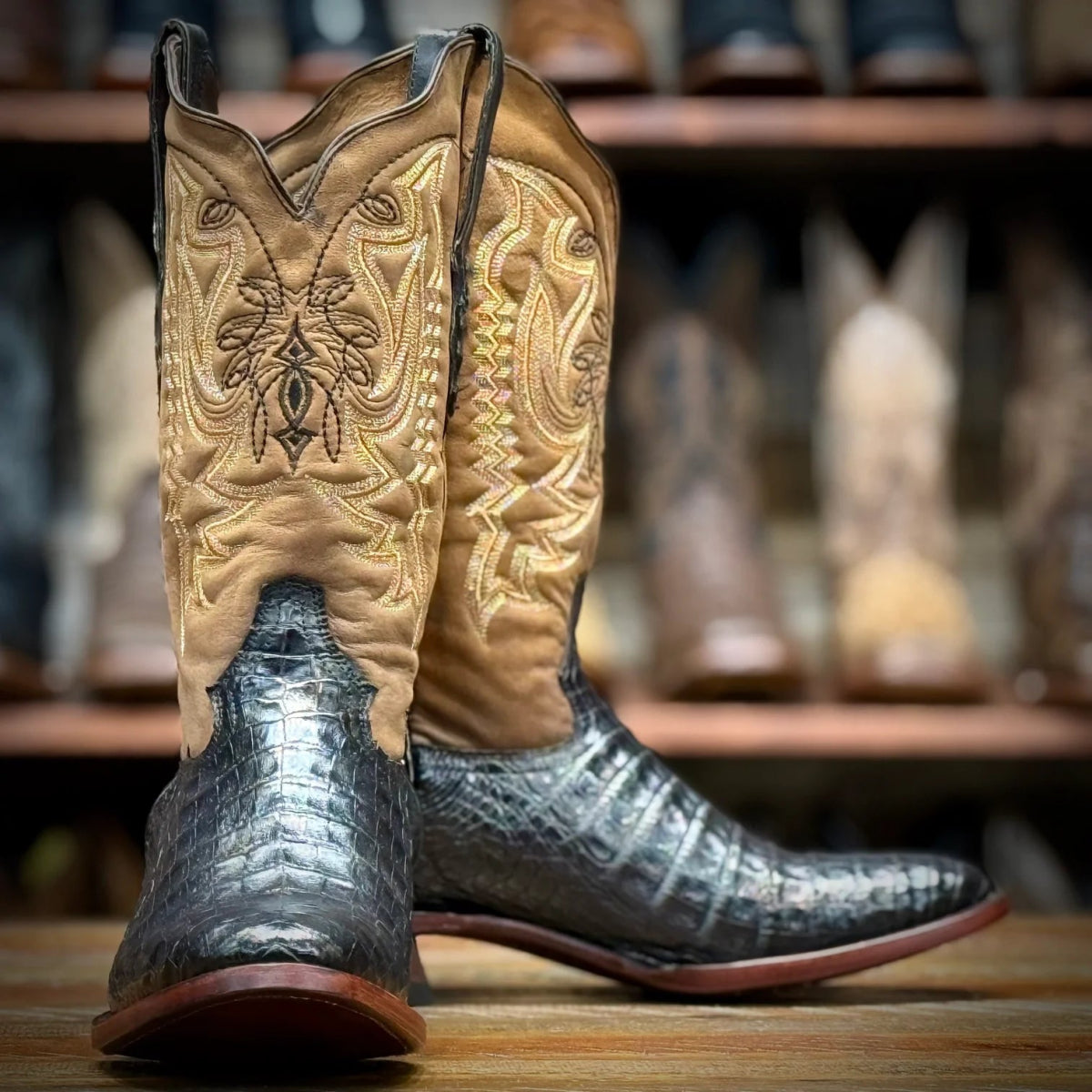 Tanner Mark Men's Genuine Caiman Belly Round Toe Boots - Black - Tanner Mark Boots