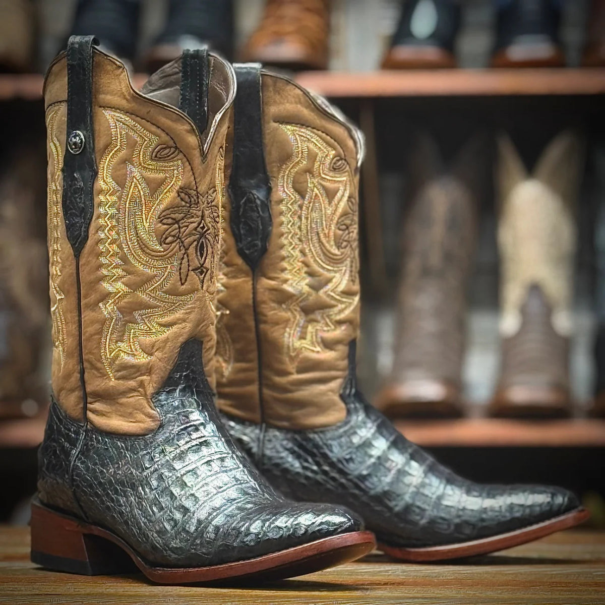 Tanner Mark Men's Genuine Caiman Belly Round Toe Boots - Black - Tanner Mark Boots