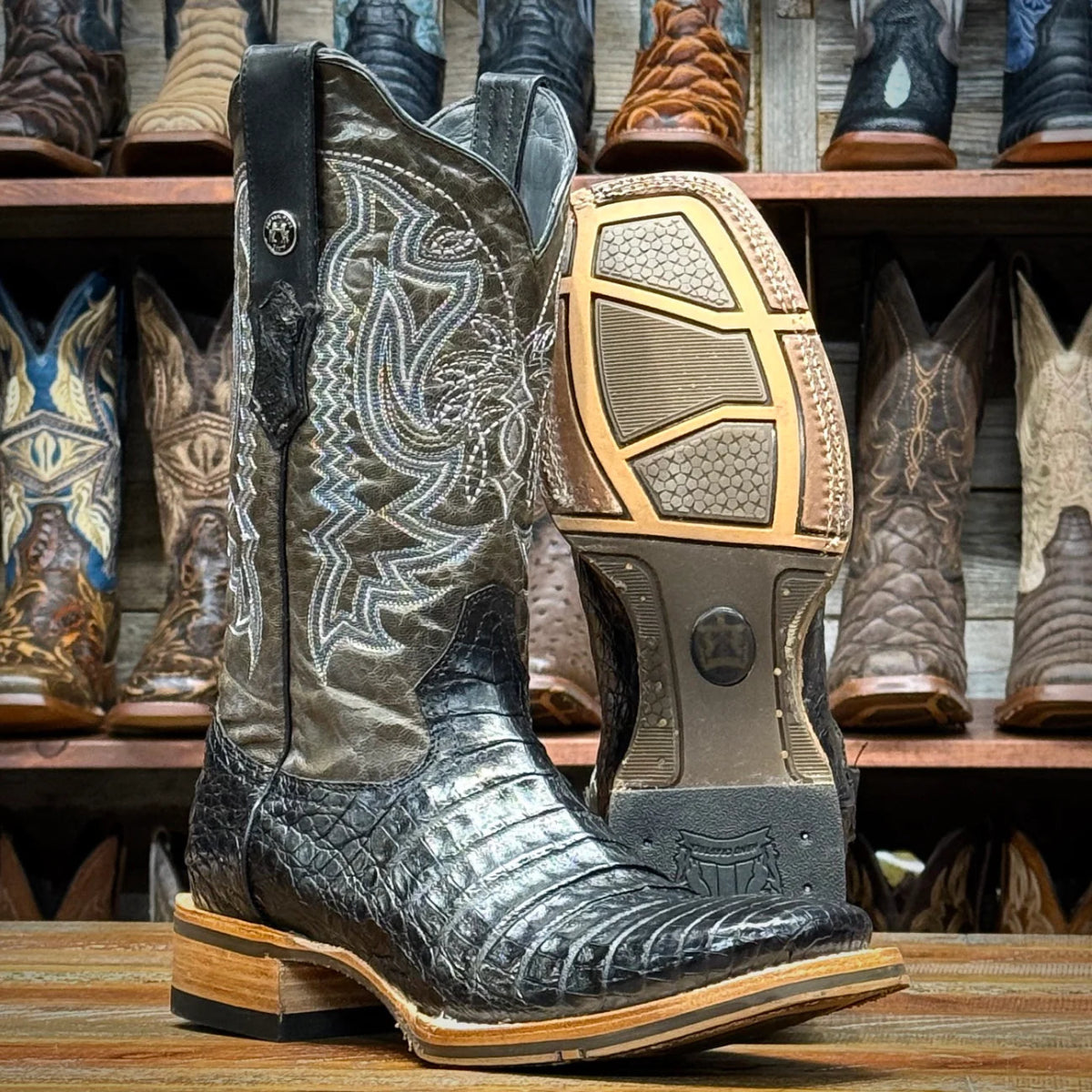 Tanner Mark Men's Genuine Caiman Belly Square Toe Boots - Black - Tanner Mark Boots