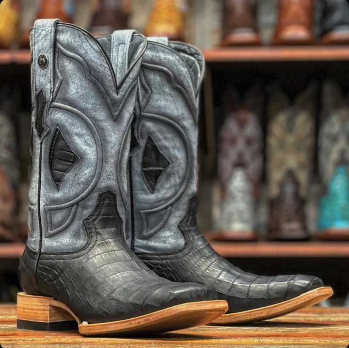 Tanner Mark Men's Genuine Caiman Belly Square Toe Boots Savage Black - Tanner Mark Boots