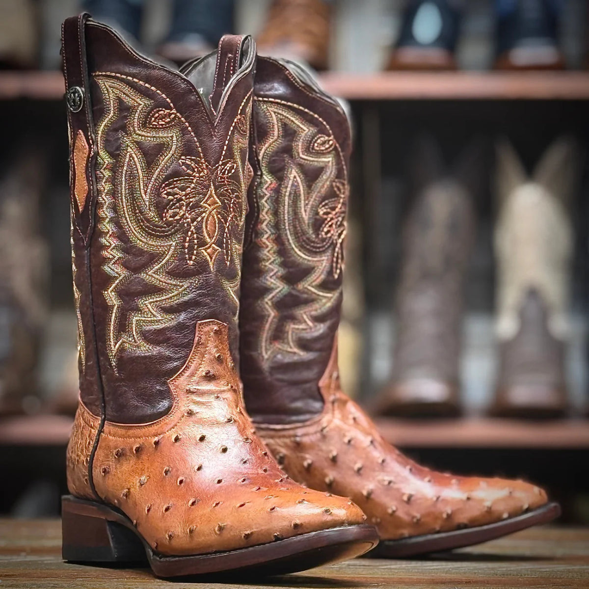 Tanner Mark Men's Genuine Full Quill Ostrich Round Toe Boots - Cognac - Tanner Mark Boots