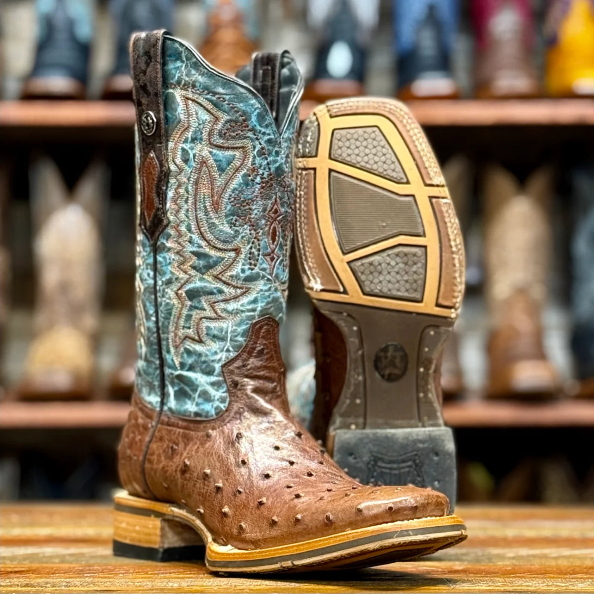 Tanner Mark Men's Genuine Full Quill Ostrich Square Toe Boots - Tobacco - Tanner Mark Boots