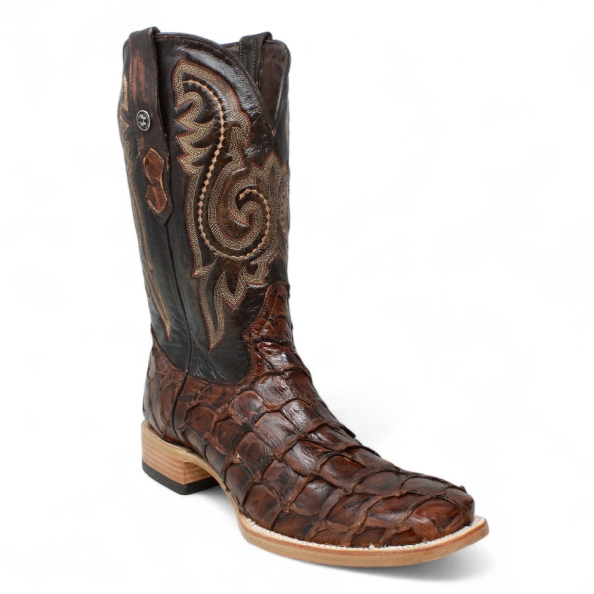 Tanner Mark Men's Genuine Monster Fish Leather Square Toe Boots Chocolate TMX201307 - Tanner Mark Boots