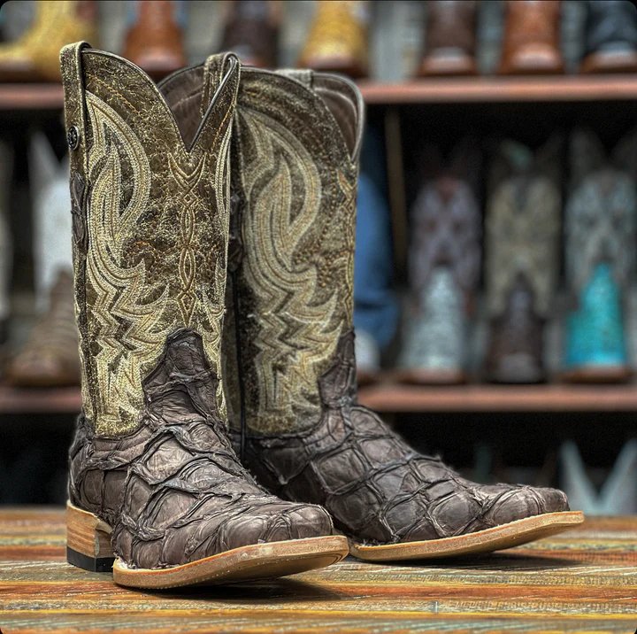 Tanner Mark Men's Genuine Monster Fish Leather Square Toe Boots Matte Brown - Tanner Mark Boots