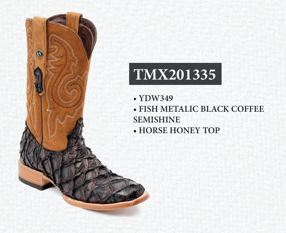 Tanner Mark Men's Genuine Monster Fish Square Toe Boots Black Coffee TMX201335 - Tanner Mark Boots