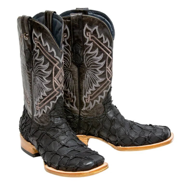 Tanner Mark Men's Genuine Monster Leather Fish Square Toe Boots Black - Tanner Mark Boots