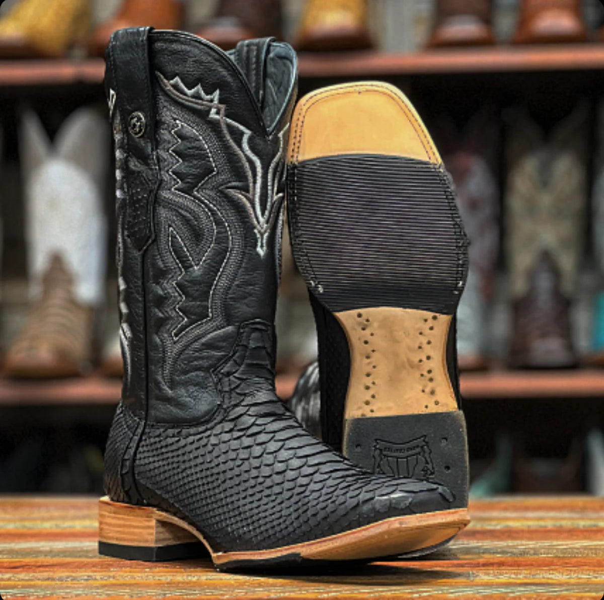 Tanner Mark Men's Genuine Python Square Toe Boots Matte Black TMX208038 - Tanner Mark Boots