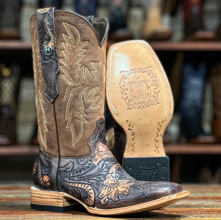 Tanner Mark Men's Hand Tooled Square Toe Boots Brown and Tan - Tanner Mark Boots