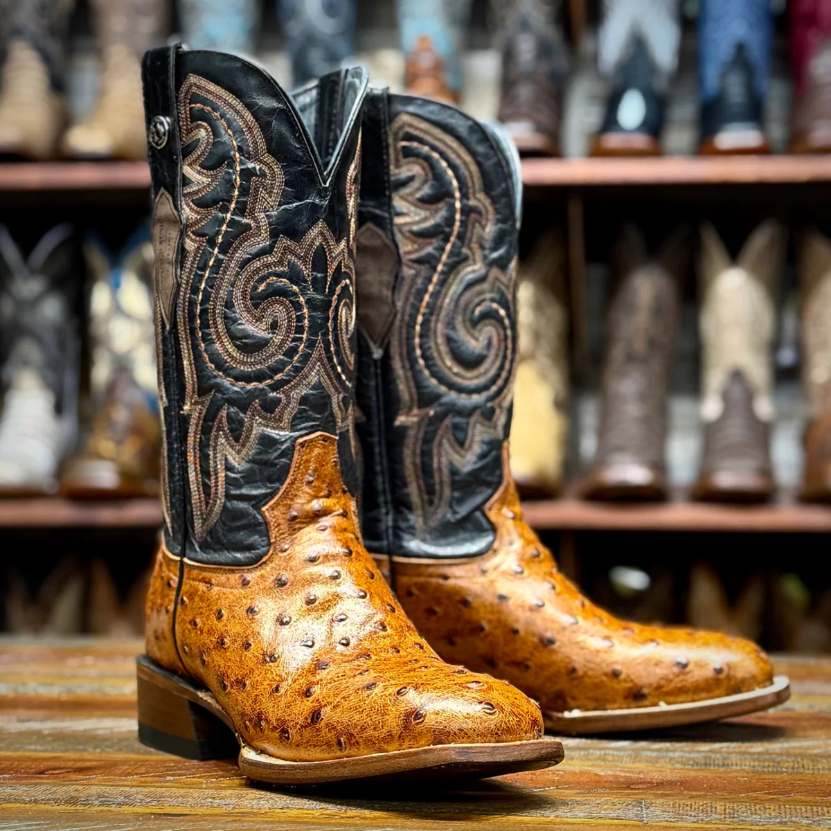 Tanner Mark Men's Ostrich Print Square Toe Boots - Cognac - Tanner Mark Boots