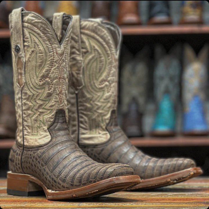 Tanner Mark Women's Caiman Belly Print Square Toe Tall Boots - Navy