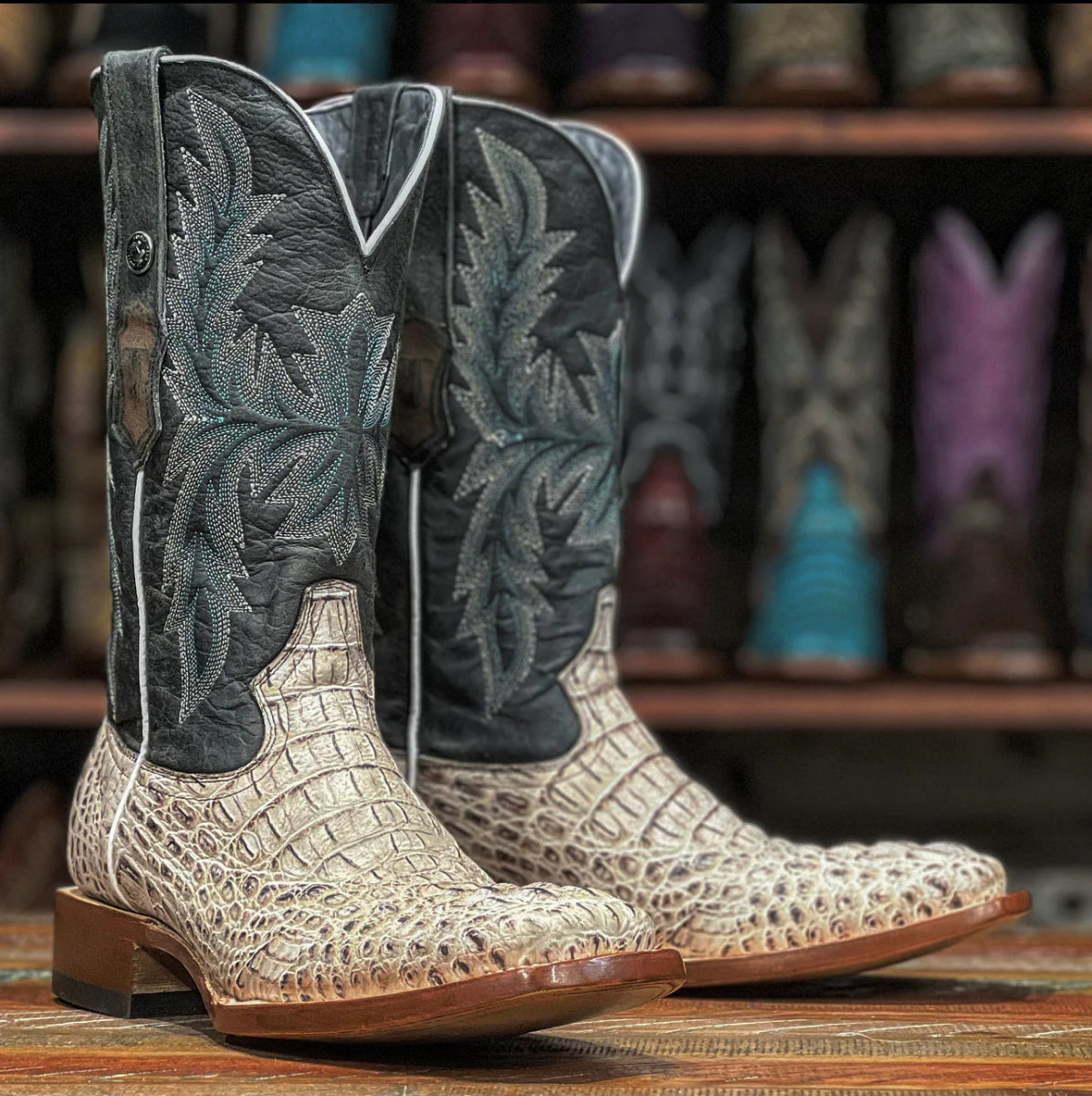 Tanner Mark Men's Print Caiman Hornback Square Toe Boots Natural TM205573 - Tanner Mark Boots