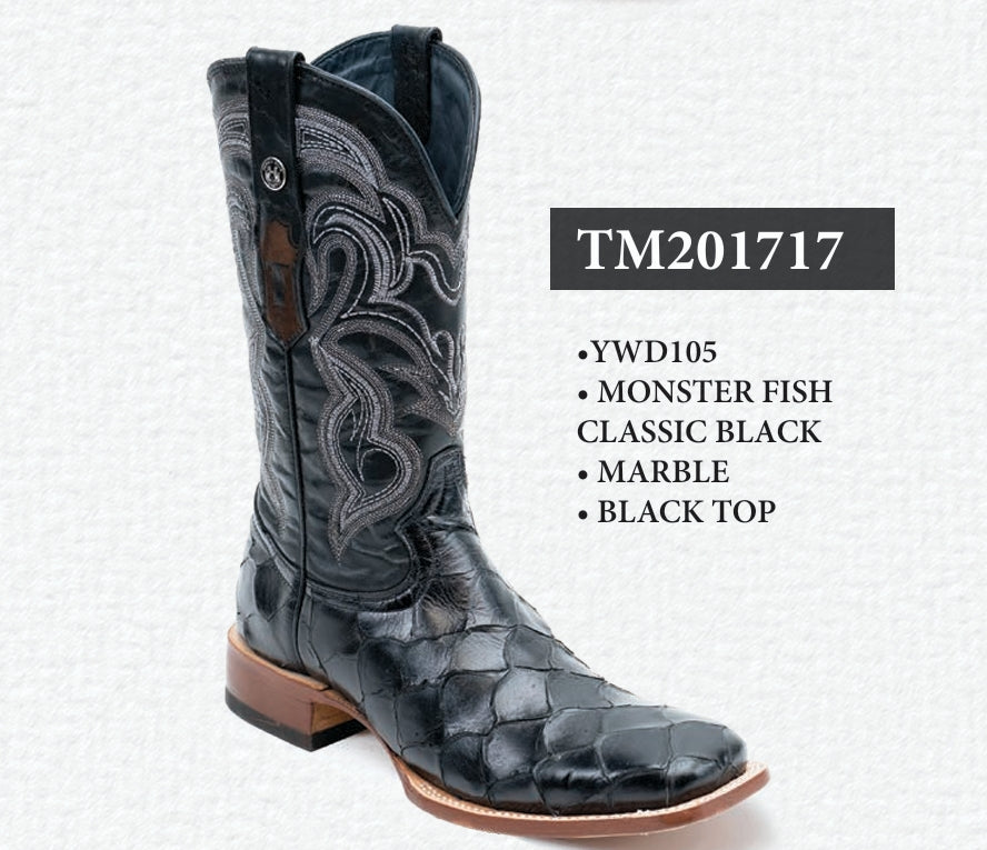Tanner Mark Men's Print Monster Fish Square Toe Boots Classic Black TM201717 - Tanner Mark Boots