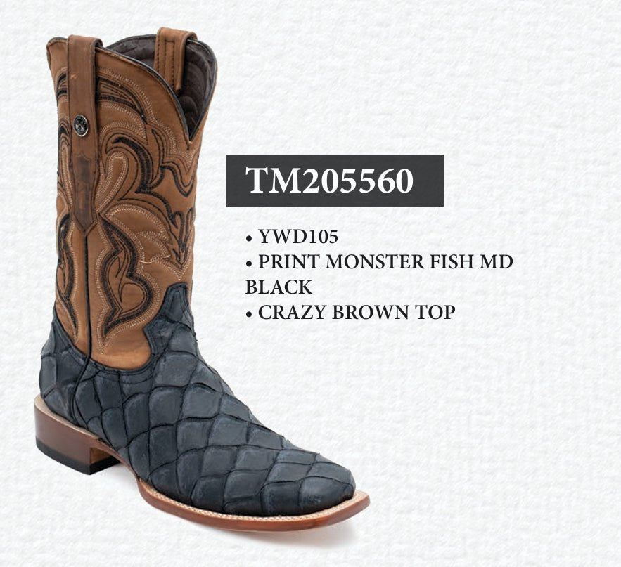 Tanner Mark Men's Print Monster Fish Square Toe Boots MD Black TM205560 - Tanner Mark Boots