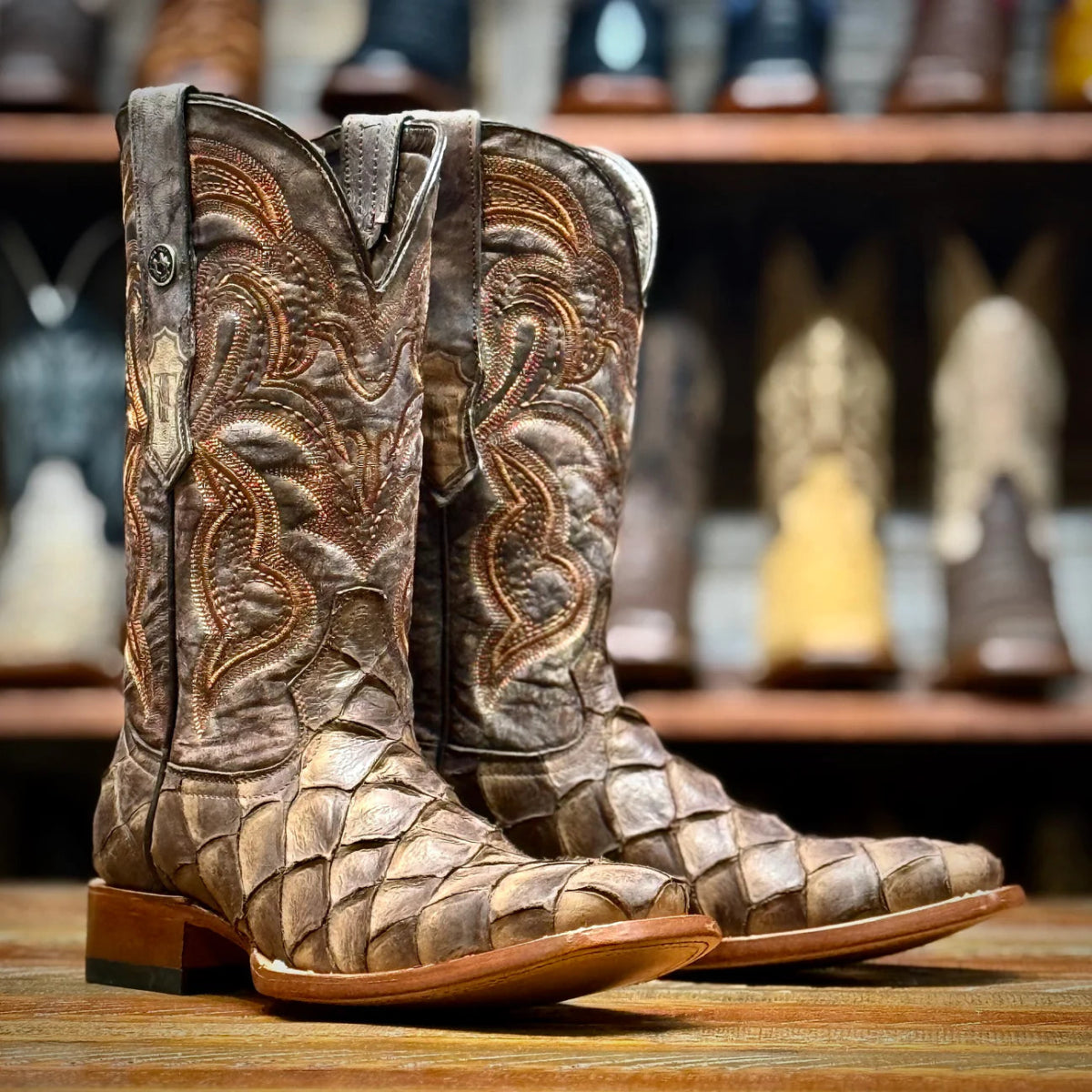 Tanner Mark Men's Print Monster Fish Square Toe Boots Nicotine TM205559 - Tanner Mark Boots