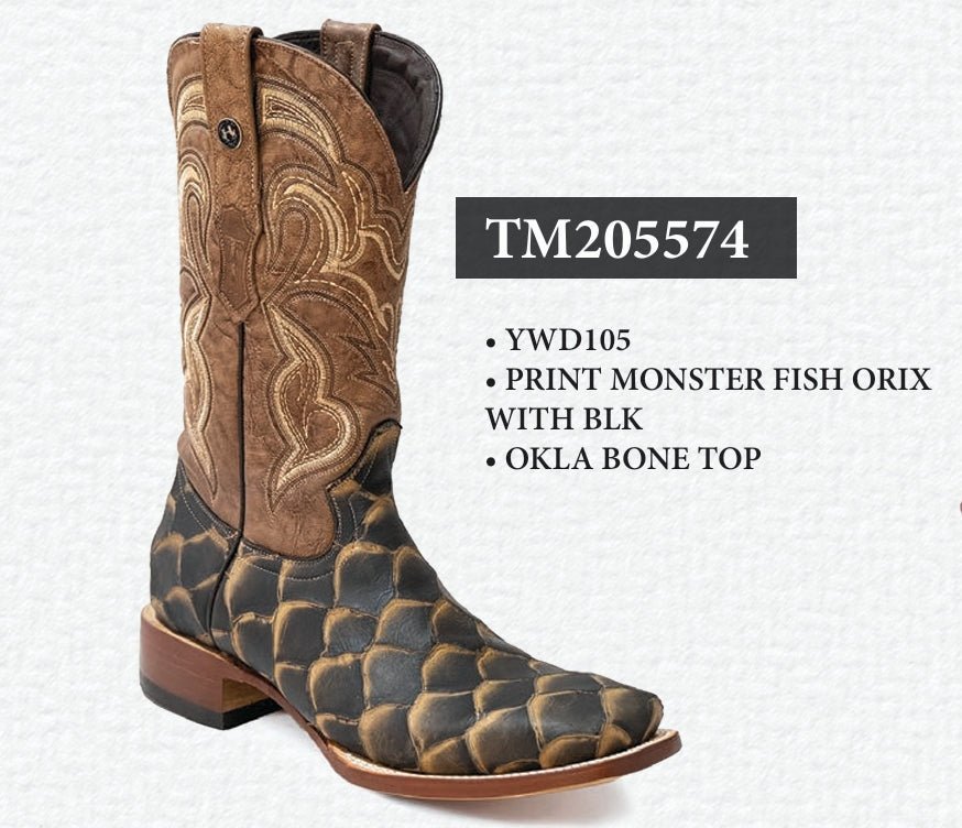 Tanner Mark Men's Print Monster Fish Square Toe Boots Orix with Black TM205574 - Tanner Mark Boots