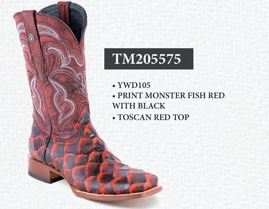 Tanner Mark Men's Print Monster Fish Square Toe Boots Red with Black TM205575 - Tanner Mark Boots
