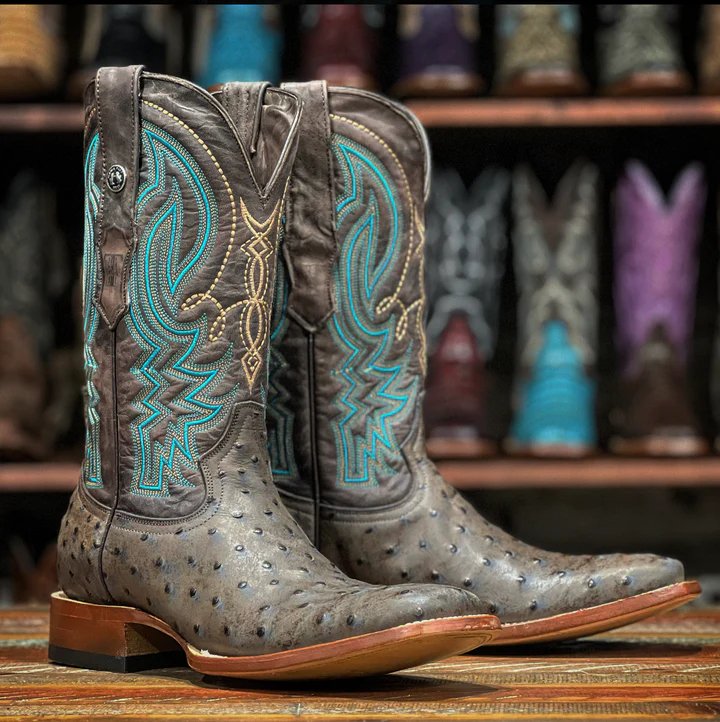 Tanner Mark Men's Print Ostrich Square Toe Boots Black with Brown - Tanner Mark Boots