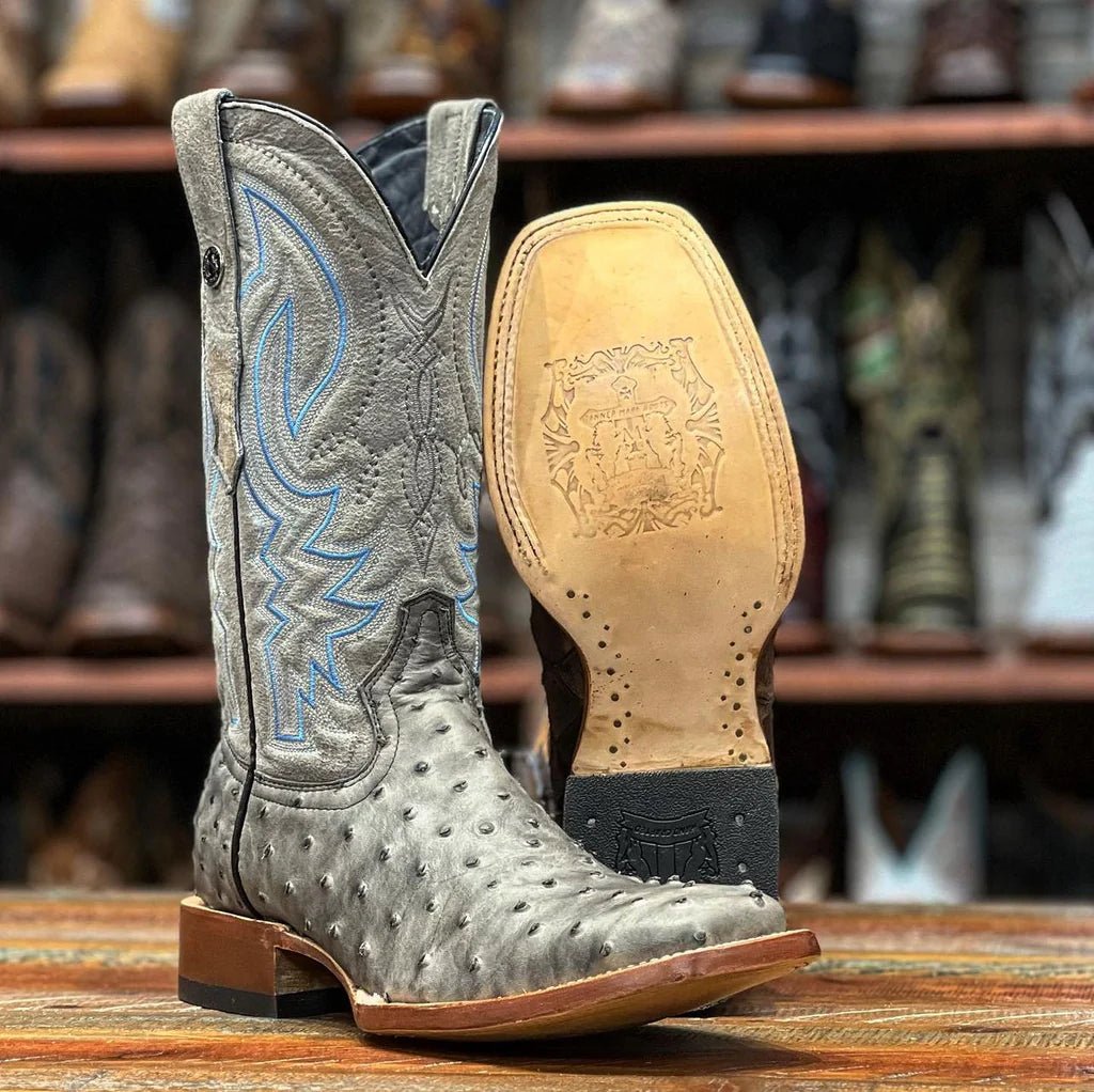 Tanner Mark Men's Print Ostrich Square Toe Boots Grey with Black TM205578 - Tanner Mark Boots