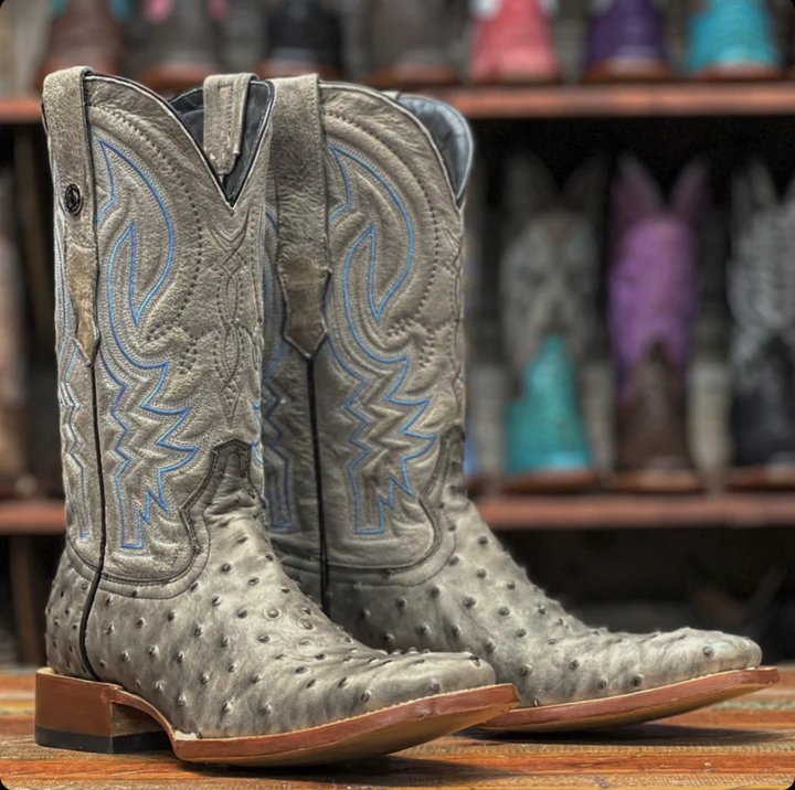 Tanner Mark Men's Print Ostrich Square Toe Boots Grey with Black - Tanner Mark Boots