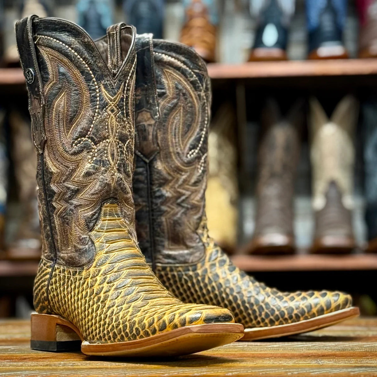 Tanner Mark Men's Python Print Square Toe Boots - Antique Saddle - Tanner Mark Boots
