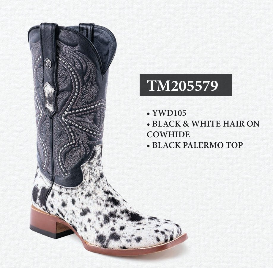 Tanner Mark Men's Square Toe Leather Boots Black & White Hair Cowhide TM205579 - Tanner Mark Boots