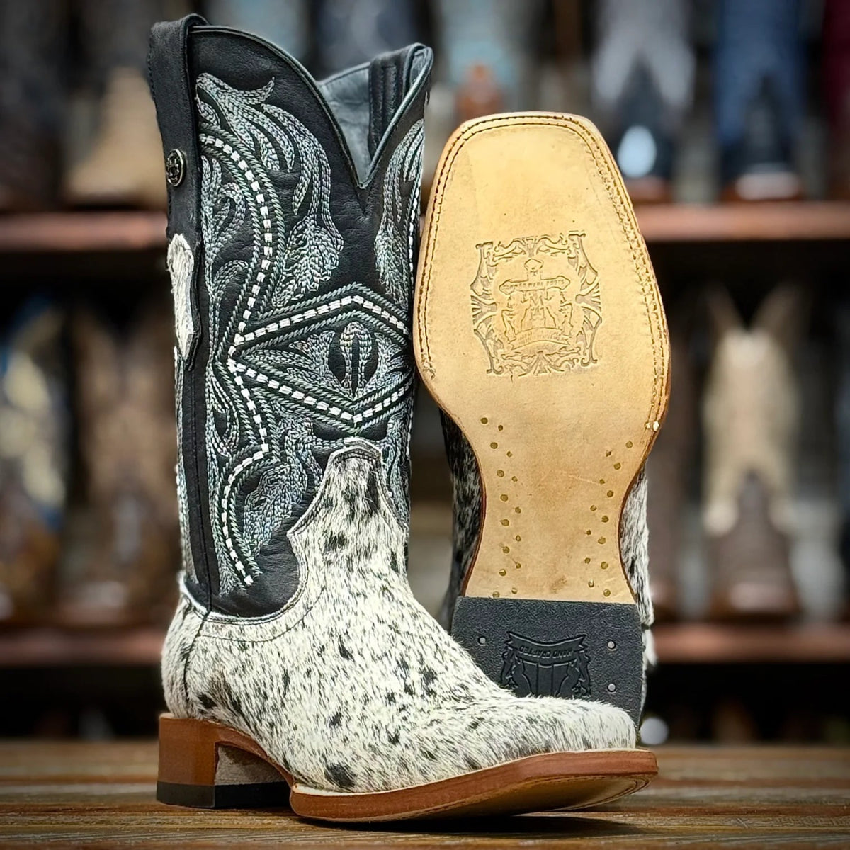 Tanner Mark Men's Square Toe Leather Boots Black & White Hair Cowhide - Tanner Mark Boots