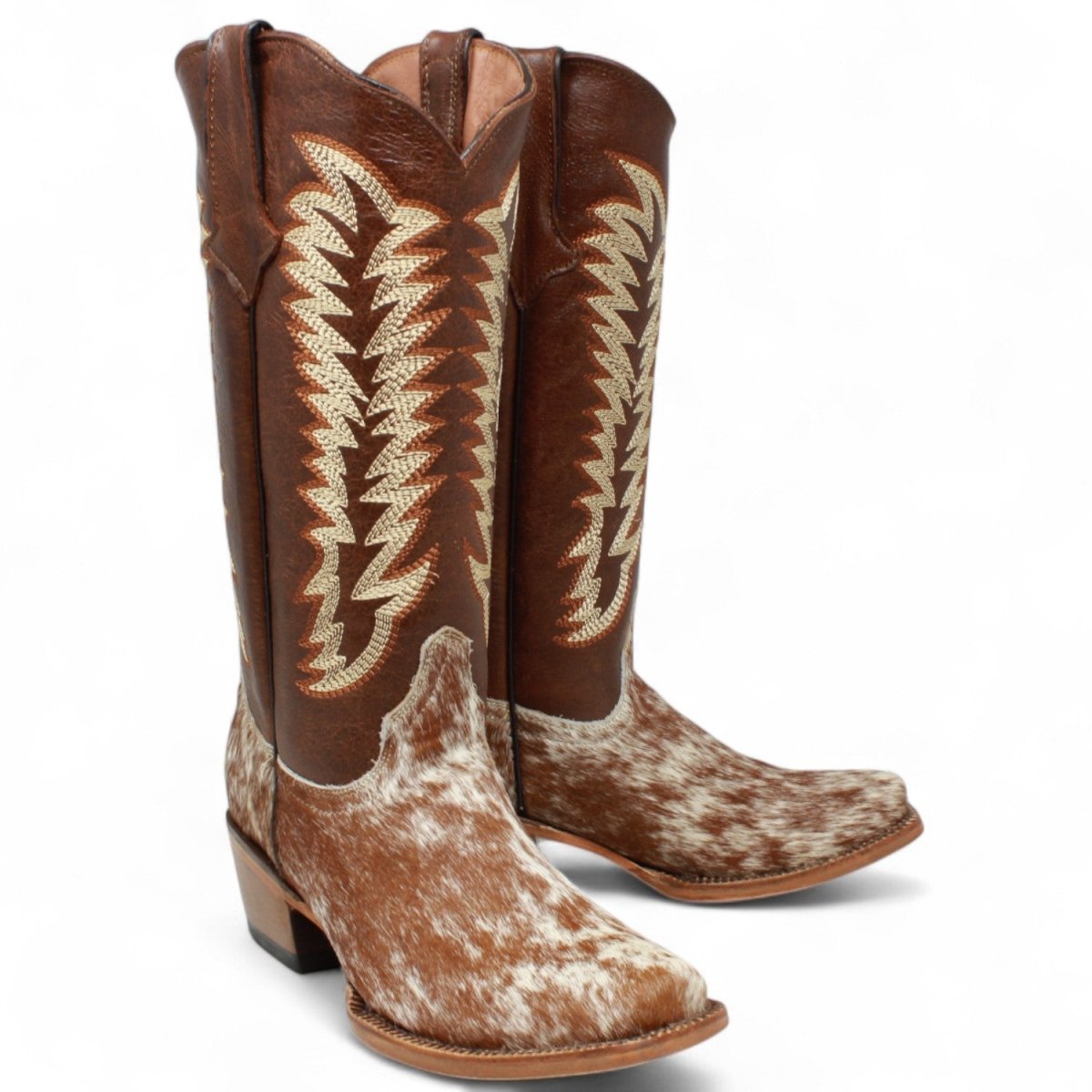 Tanner Mark Women's Annie Full Hair On Cowhide Square Toe Boots - Brown & White - Tanner Mark Boots