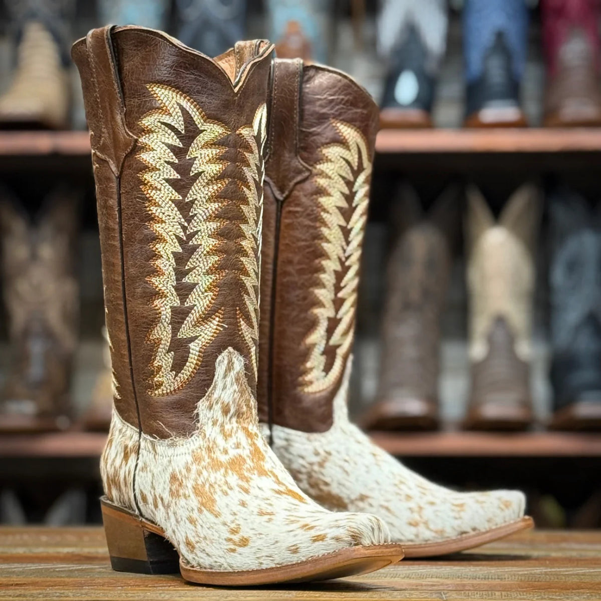 Tanner Mark Women's Annie Full Hair On Cowhide Square Toe Boots - Brown & White - Tanner Mark Boots