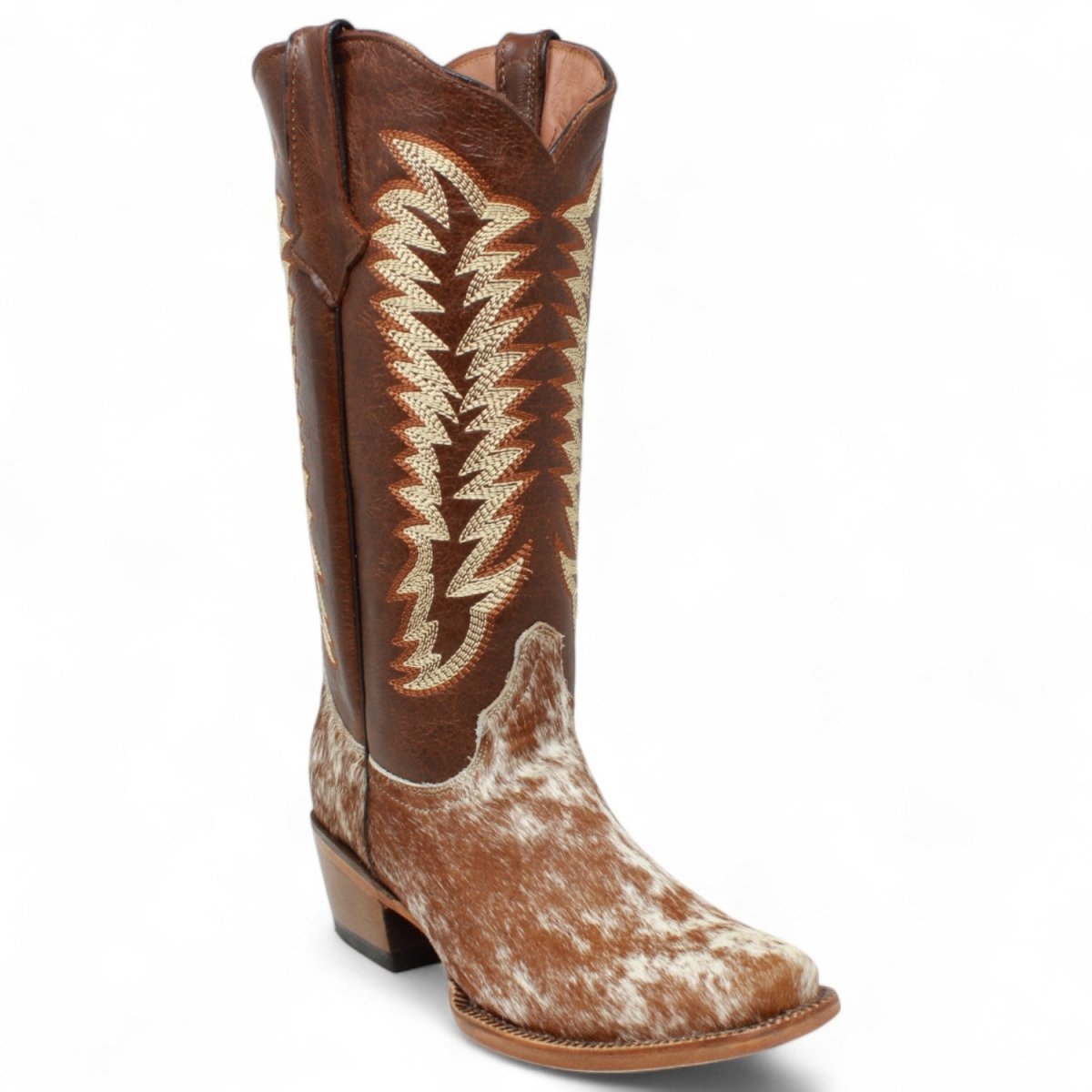 Tanner Mark Women's Annie Full Hair On Cowhide Square Toe Boots - Brown & White - Tanner Mark Boots
