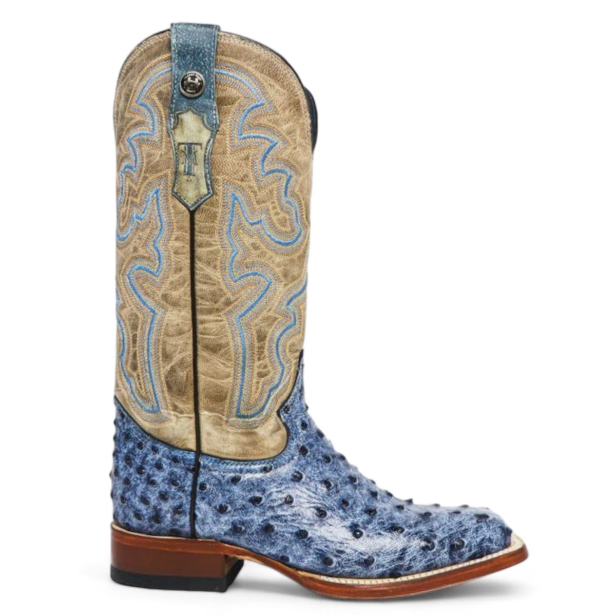 Tanner Mark Women's 'Bluebonnet' Ostrich Print Square Toe Boots Blue Denim TML207061 - Tanner Mark Boots